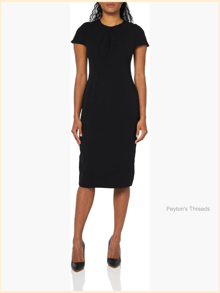 Sheath Midi Dress With Pleated Bodice, Cap Sleeves, Back Slit
